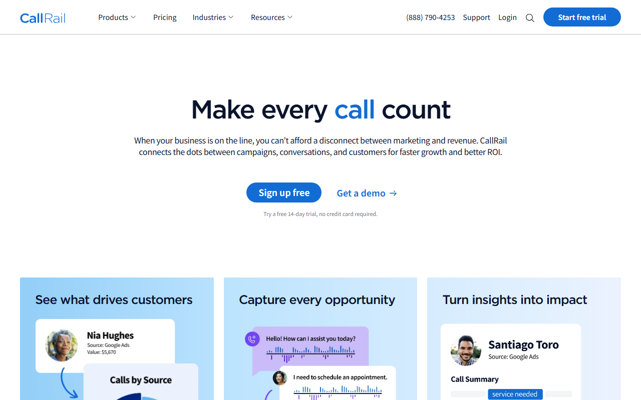 Screenshot of the CallRail homepage captured for this community summary